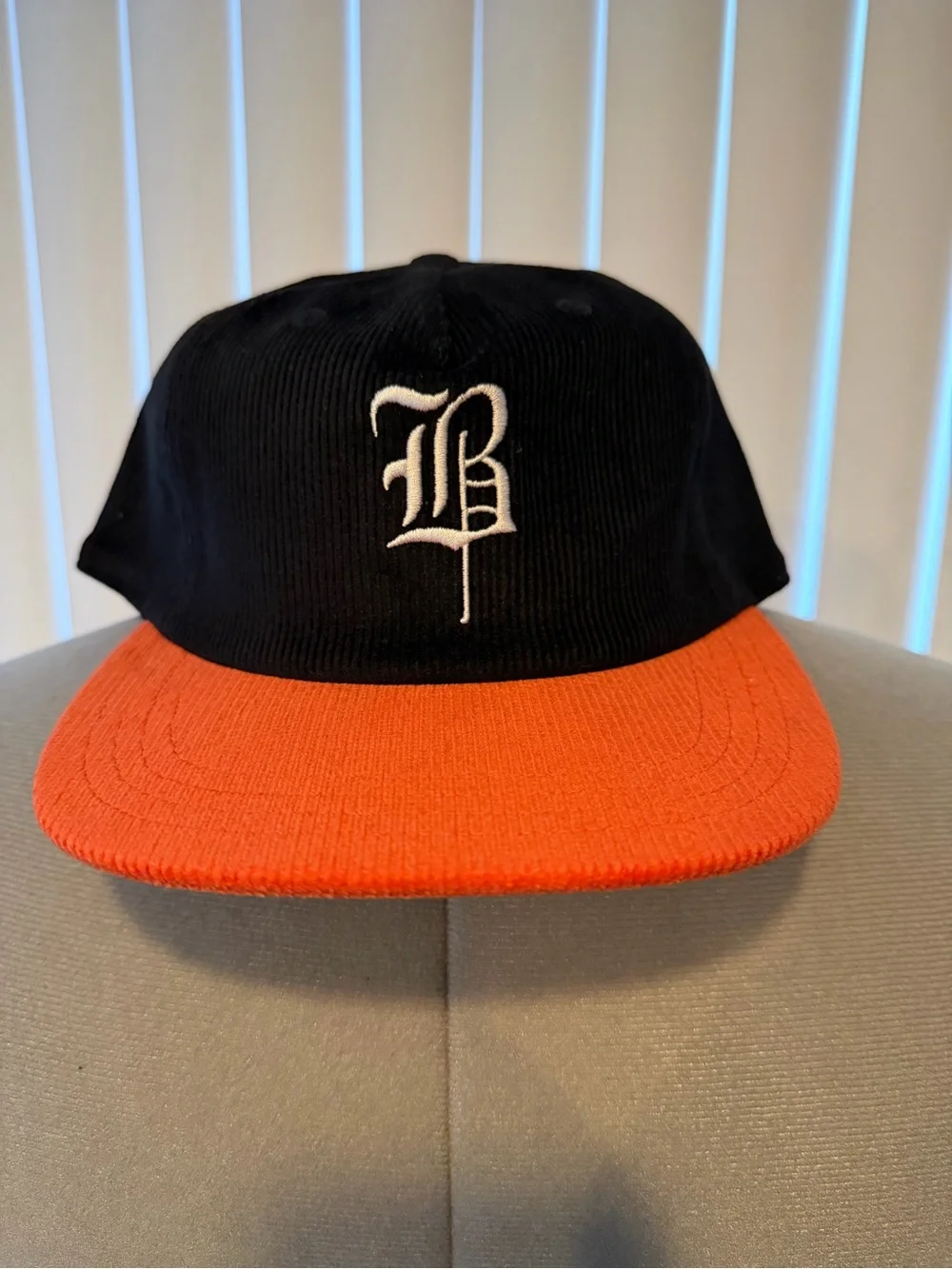 BLVCKSCALE -  Black and Orange Corduroy Baseball Cap with White Gothic 'B'